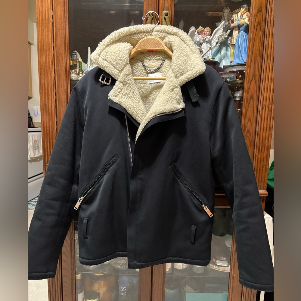 Sandro Paris Aviator Men's Black Jacket with Cream Shearling Lining